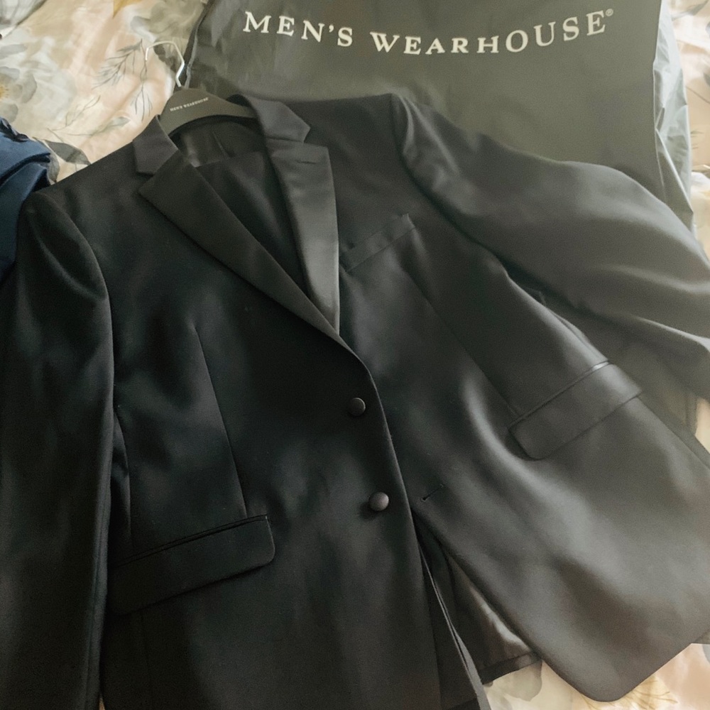 Brand new Black tux and Blue suede jacket